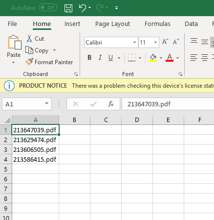 Excel-tiedosto, jonka laskunumerot ovat